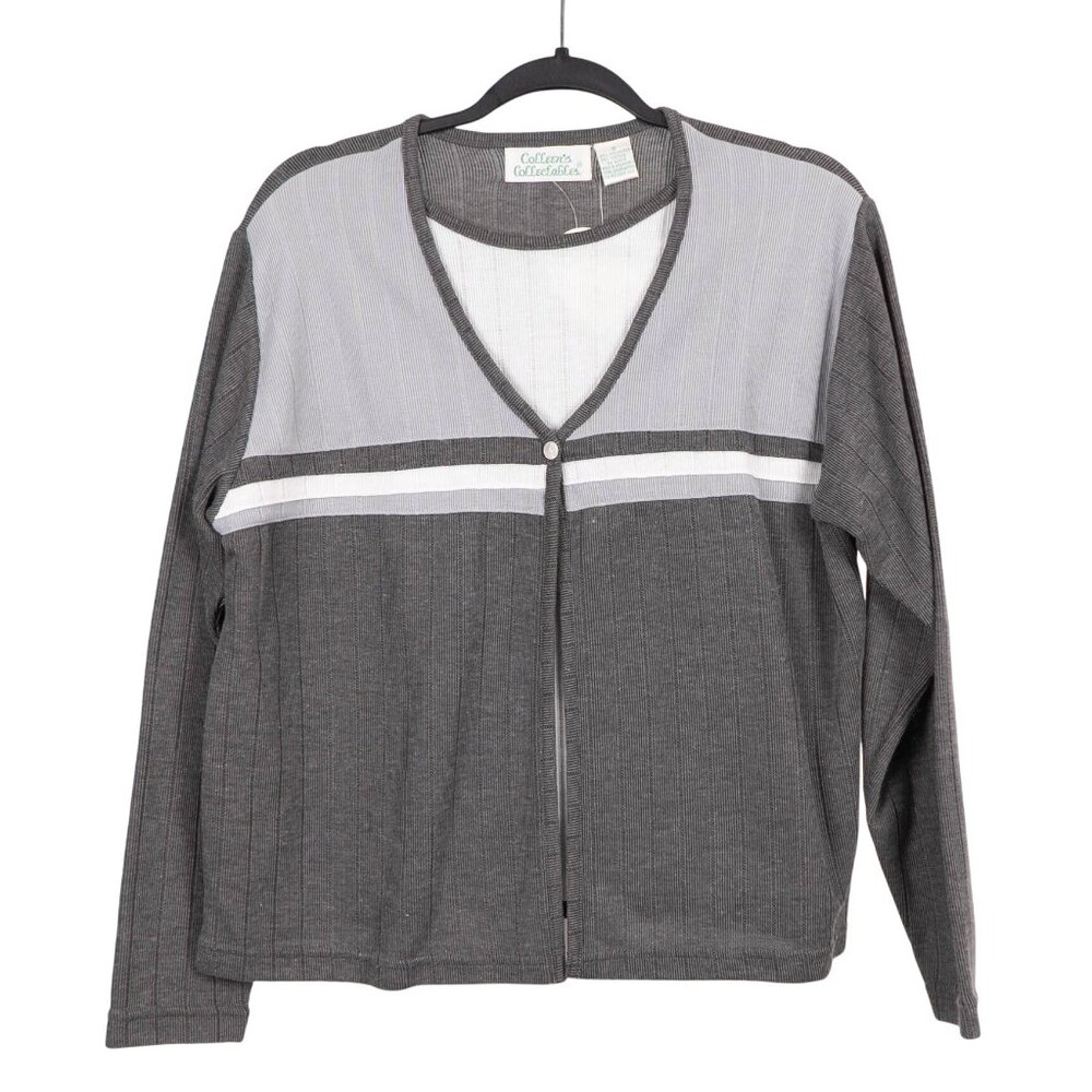 Vintage 90s Cardigan Sweater Set S Women Gray White Stripe Colleens Collectables